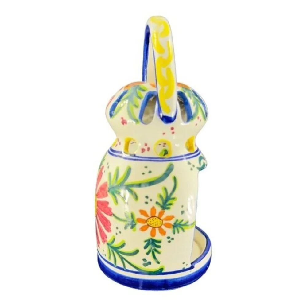 Folk‎ Art Pottery Candle Holder W Handle Votive Hand Painted Made In Spain Vtg